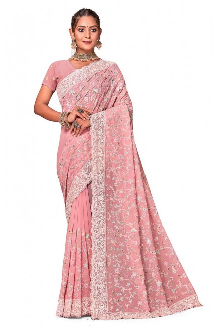 Georgette Saree with Embroidered  Peach
