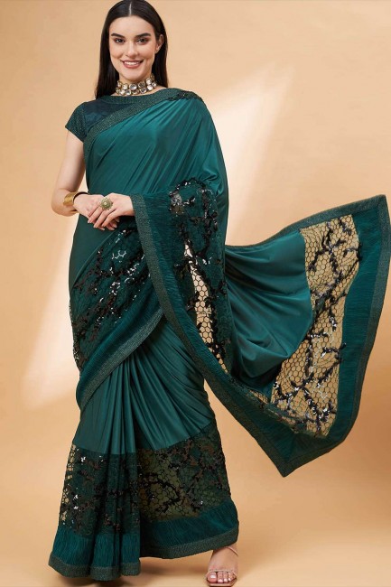 Green Saree with Stone,sequins,embroidered Lycra