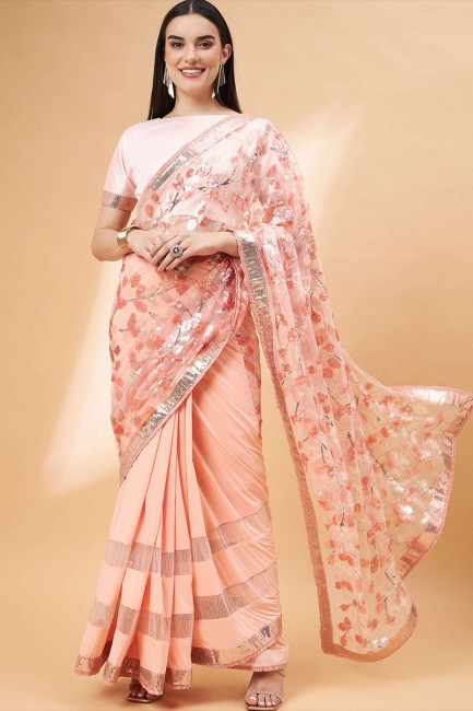 Lycra Peach Saree in Sequins,embroidered