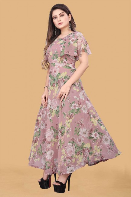 Printed Georgette Gown Dress in Dusty rose