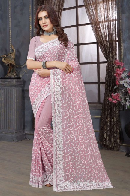 Embroidered Georgette Dusty pista  Saree with Blouse
