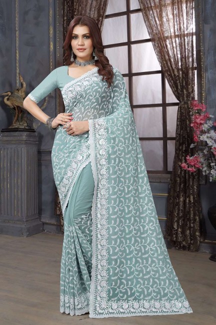 C green Embroidered Saree in Georgette
