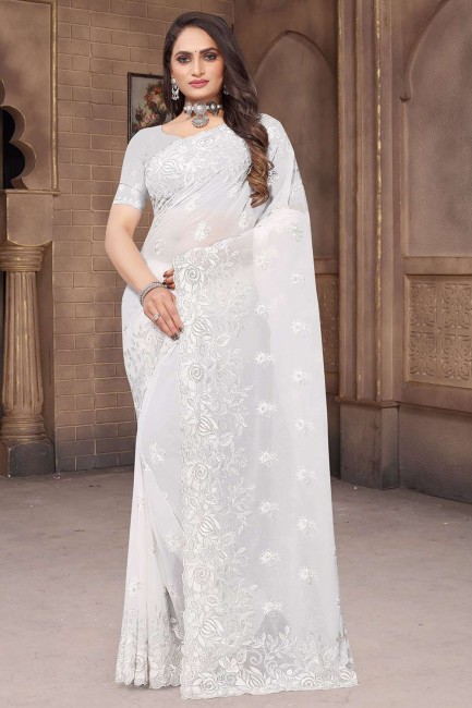 White Georgette Saree with Embroidered