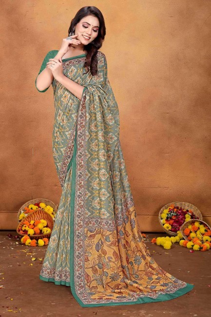 Turquoise  Chanderi Saree with Digital print