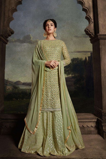Net Anarkali Suit with Embroidered in Pista