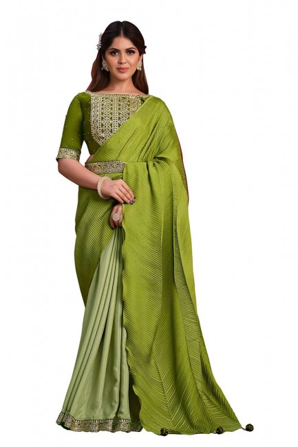 Stone,sequins,thread Crepe Green Saree with Blouse