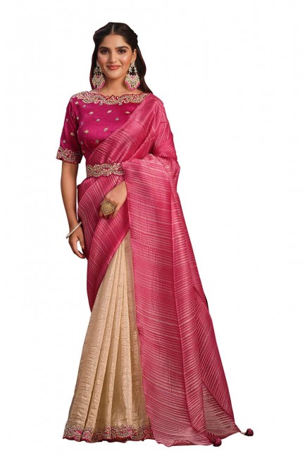 Banarasi silk Saree in Pink & beige  with Stone,sequins,thread