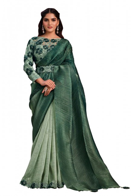 Stone,sequins,thread Banarasi silk Saree in Sea green  with Blouse