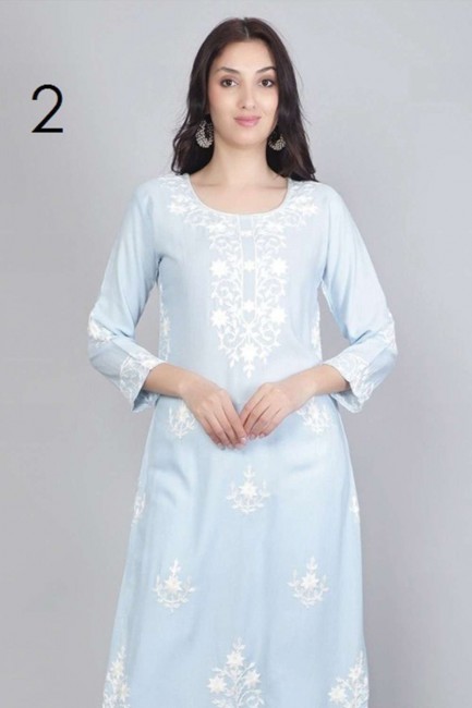 Sky blue Kurti in Embroidered Rayon