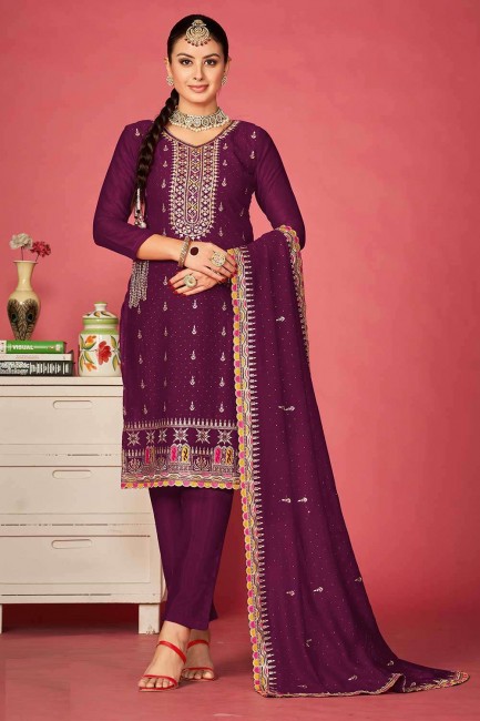 Purple Salwar kameez in Plain with Lace