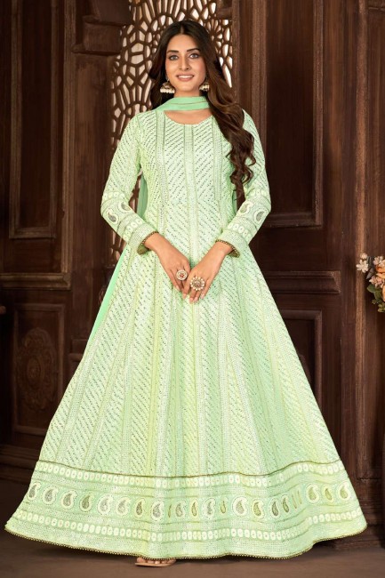 Anarkali Suit with Faux georgette Embroidered in Green