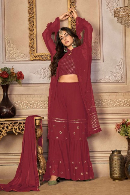 Embroidered Faux georgette Sharara Suit in Maroon