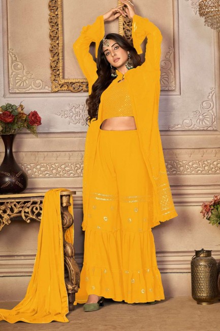 Faux georgette Yellow Embroidered Sharara Suit with Dupatta