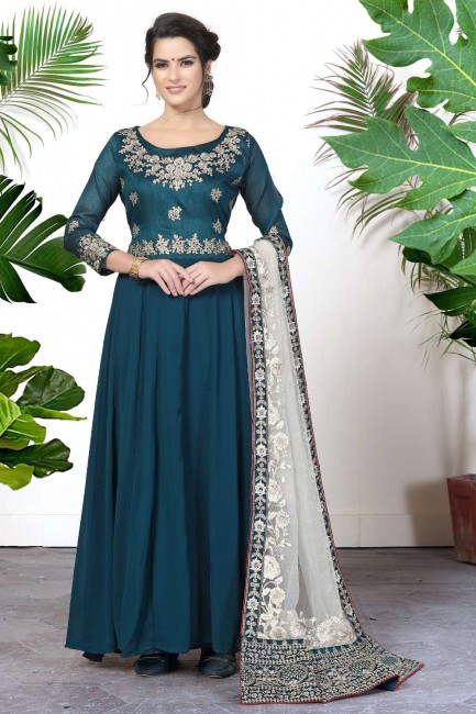 Embroidered Anarkali Suit in Rama  Faux georgette