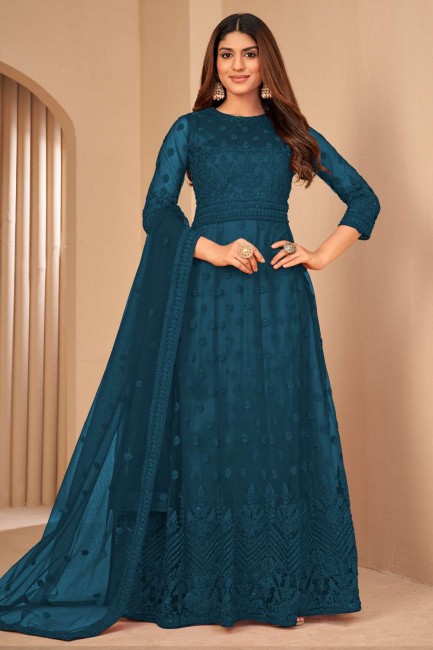 Teal  Net Embroidered Anarkali Suit with Dupatta