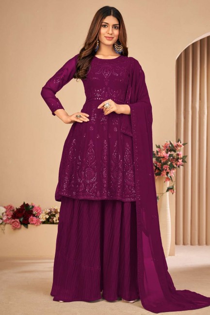 Purple Eid Sharara Suit in Faux georgette with Embroidered