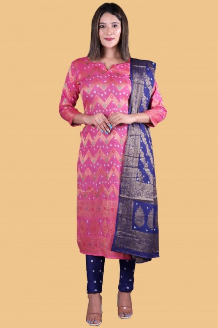 Salwar Kameez in Pink Cotton with Weaving