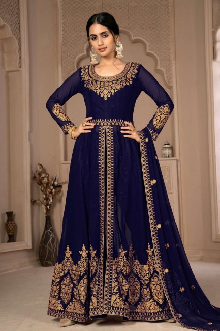 Eid Anarkali Suit Faux georgette with Embroidered in Blue