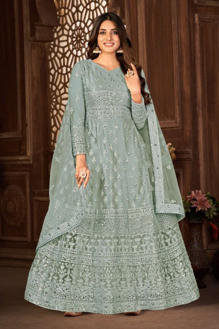 Anarkali Suit in Grey Net with Embroidered