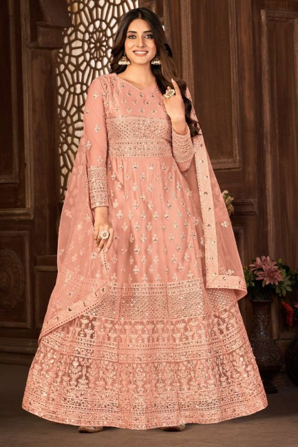 Peach Net Anarkali Suit with Embroidered
