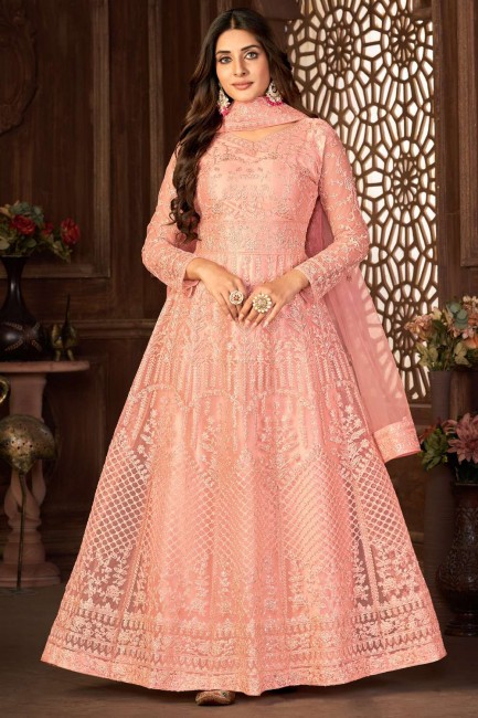 Peach Anarkali Suit in Net with Embroidered