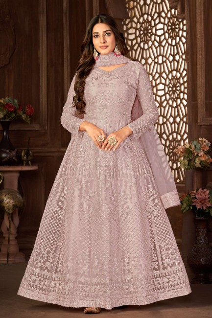 Embroidered Net Purple Anarkali Suit with Dupatta