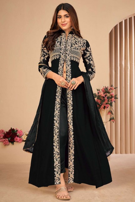 Black Anarkali Suit with Embroidered Faux georgette