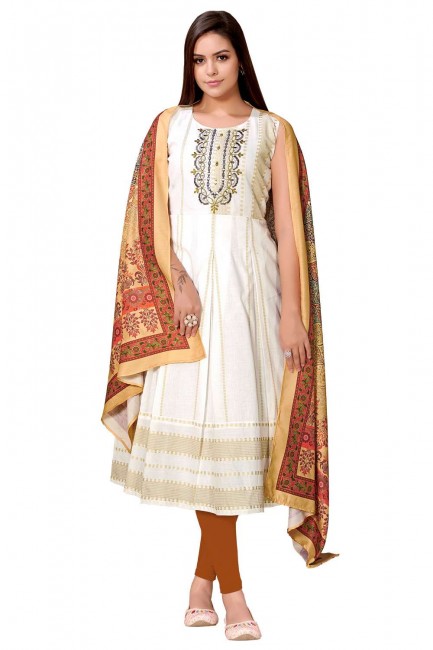 Linen White Frock Kurti in Embroidered