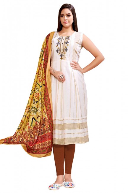 White Linen Embroidered Frock Kurti with Dupatta