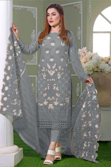 Grey Eid Salwar Kameez in Georgette with Embroidered