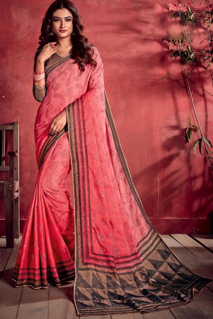 Saree in Pink Tussar silk with Thread,embroidered,digital print