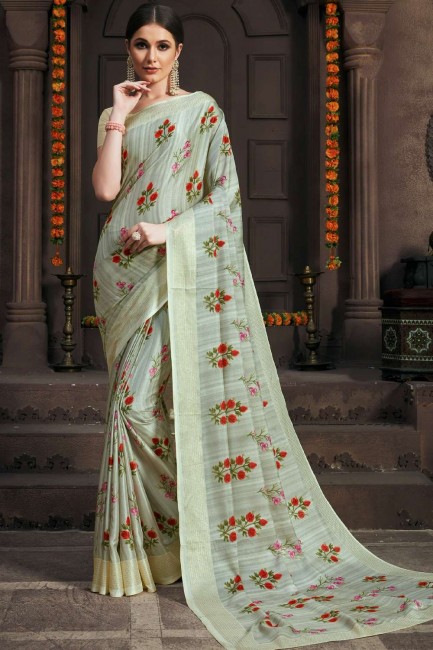 Light green Tussar silk Saree with Digital print