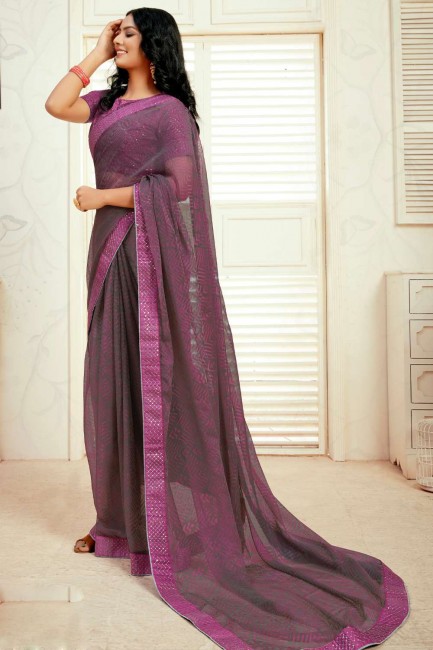 Magenta Saree in Chiffon with Hand,embroidered