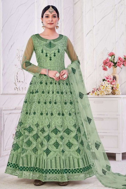 Eid Anarkali Suit in Embroidered Green Net
