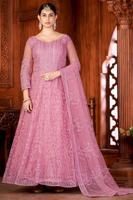 Embroidered Net Eid Anarkali Suit in Dusty  with Dupatta