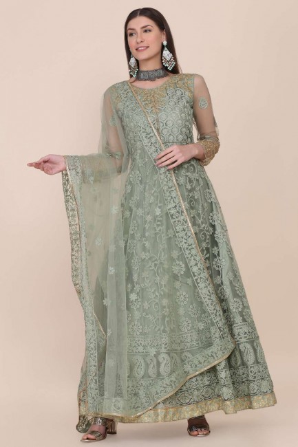 Eid Anarkali Suit in Light green Net with Embroidered