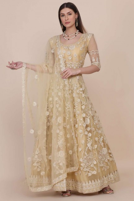 Embroidered Net Eid Anarkali Suit in Cream with Dupatta