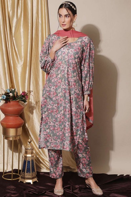 Palazzo Suit in Grey Muslin with Digital print
