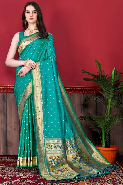 Turquoise  Saree in Silk with Weaving