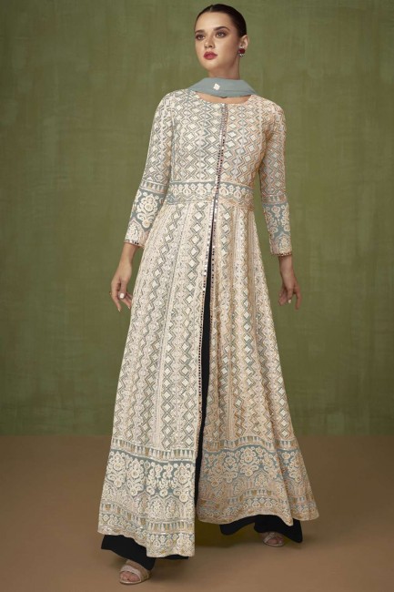 Embroidered Georgette Anarkali Suit in Grey