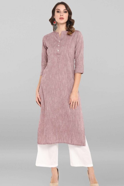 Straight Kurti in Pink Cotton with Plain