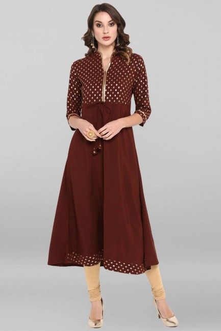 Crepe Straight Kurti with Printed in Brown