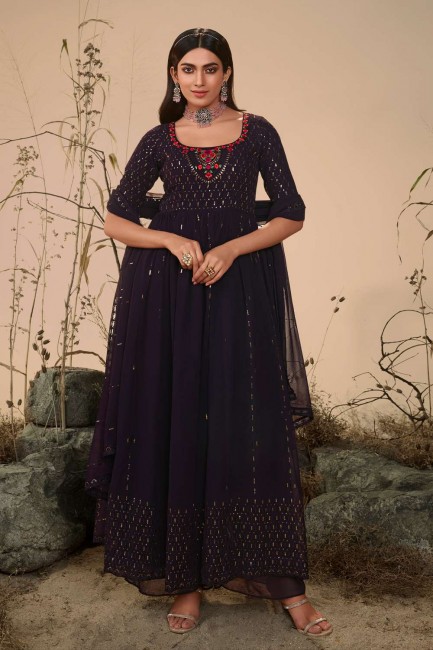 Georgette Embroidered Purple Anarkali Suit with Dupatta