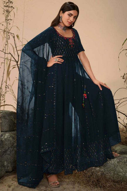 Embroidered Georgette Anarkali Suit in Teal blue with Dupatta
