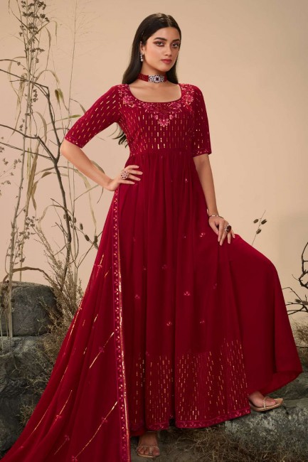 Embroidered Georgette Maroon Anarkali Suit with Dupatta