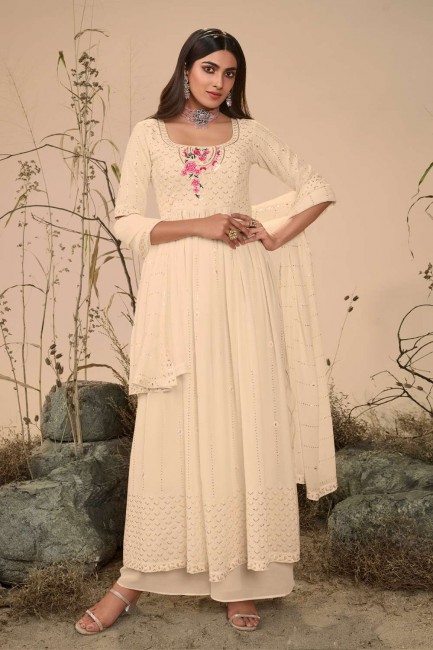 Georgette Anarkali Suit in Off white with Embroidered
