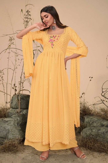 Georgette Anarkali Suit in Yellow with Embroidered