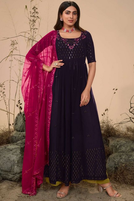 Purple Embroidered Anarkali Suit in Georgette