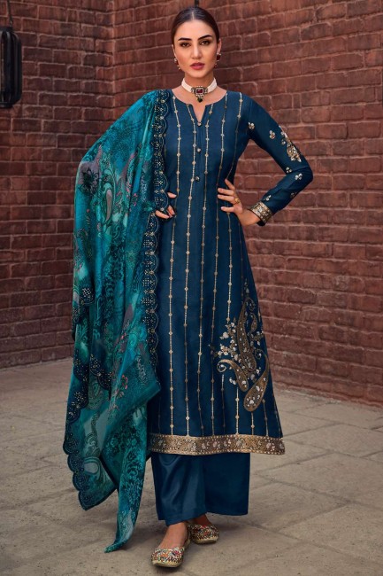 Silk Eid Palazzo Suit in Navy blue with Embroidered