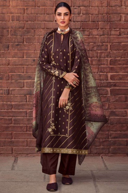 Embroidered Silk Eid Palazzo Suit in Brown with Dupatta